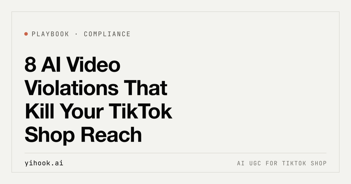 Yihook 操盘手册封面：8 个会压低 TikTok Shop 触达的 AI 视频违规点。