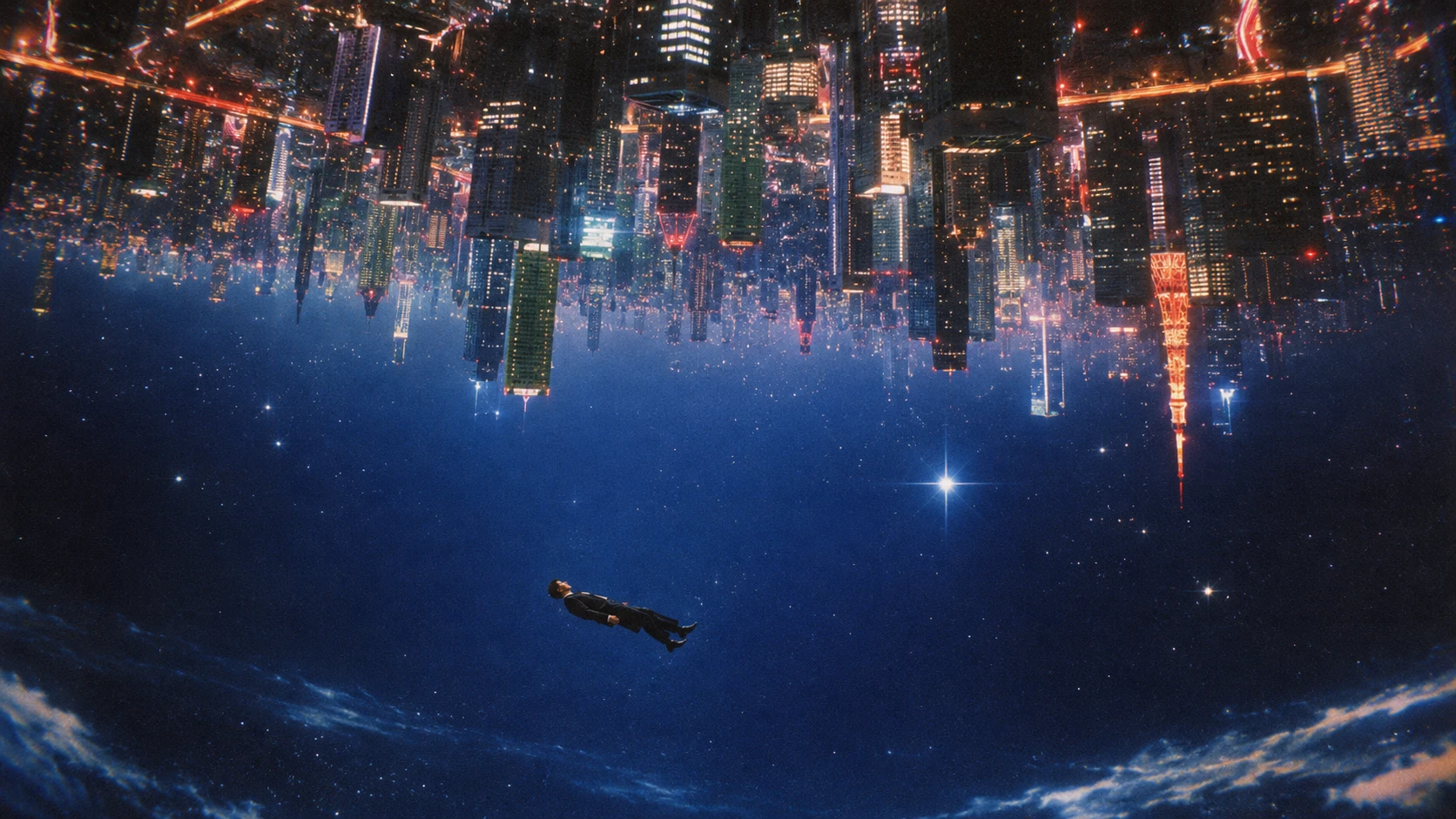 倒悬城市与漂浮人物场景