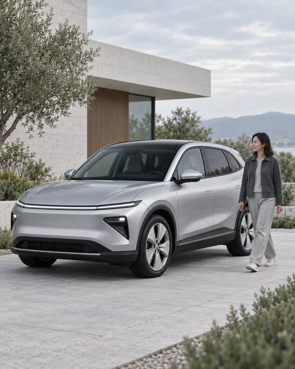 成年人在银灰色电动 SUV 旁步行